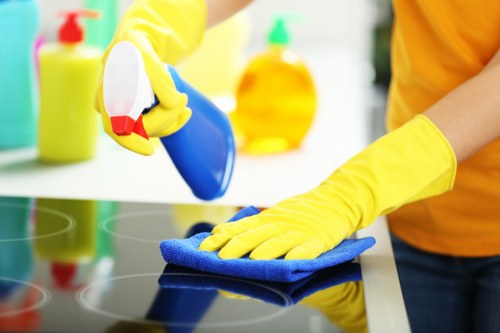Technician wearing PPE during a carpet cleaning service